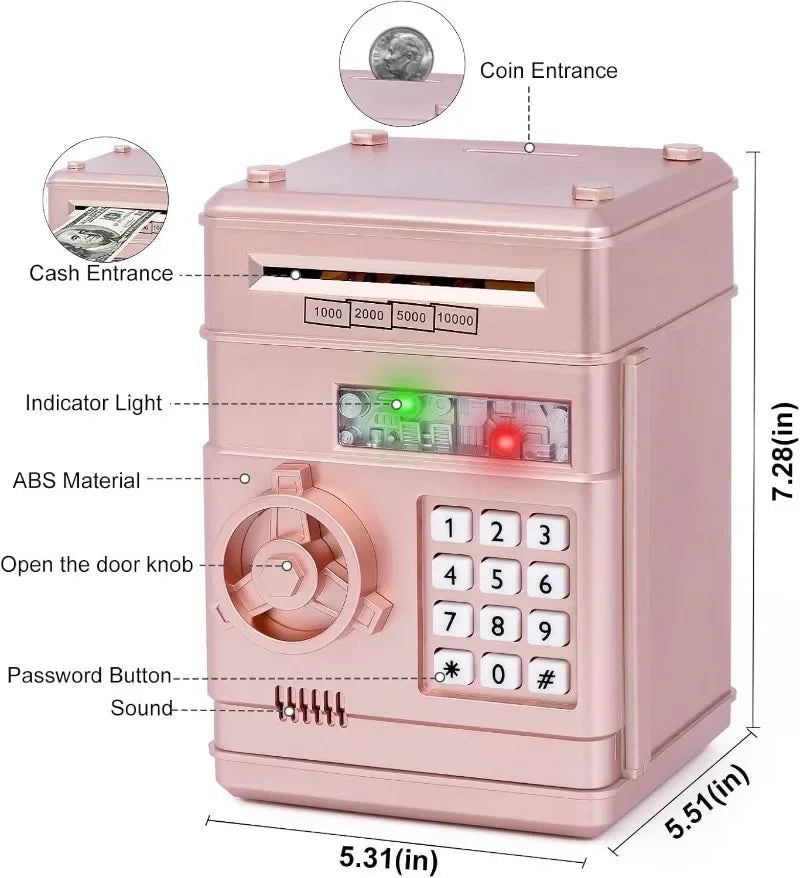 A pink combination lock piggy bank with coin and cash entrances, an indicator light, and a keypad.
