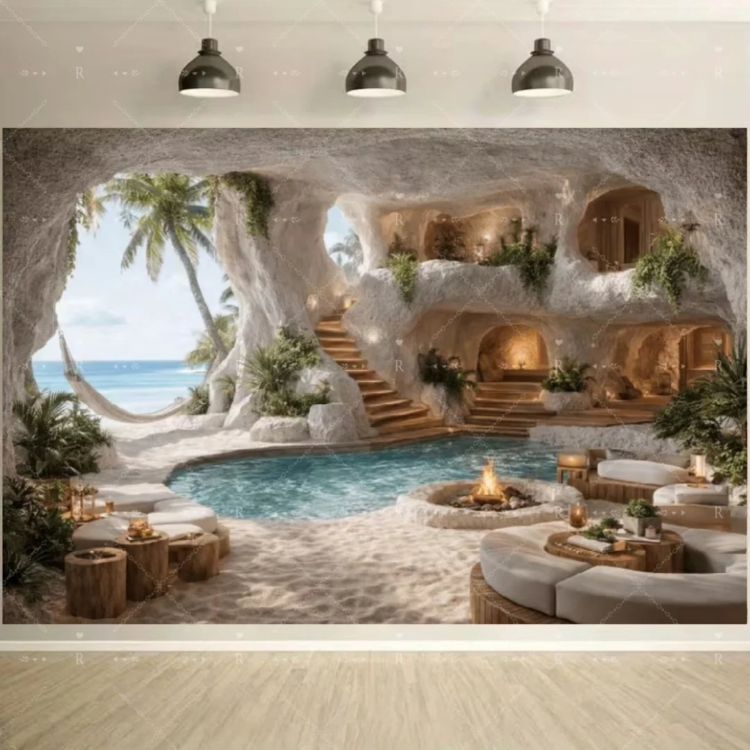 A luxurious cave-like outdoor setting with a pool and natural rock formations for photography and decoration.