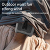A portable neck and waist clip fan is shown clipped onto a person's clothing, designed for outdoor high temperature workers.