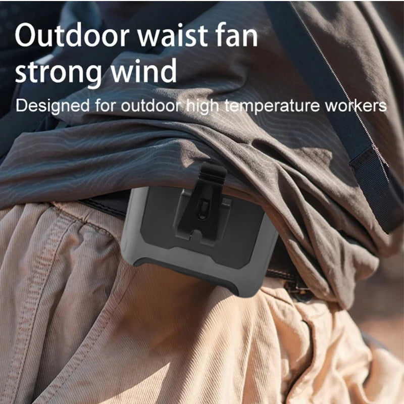 A portable neck and waist clip fan is shown clipped onto a person's clothing, designed for outdoor high temperature workers.