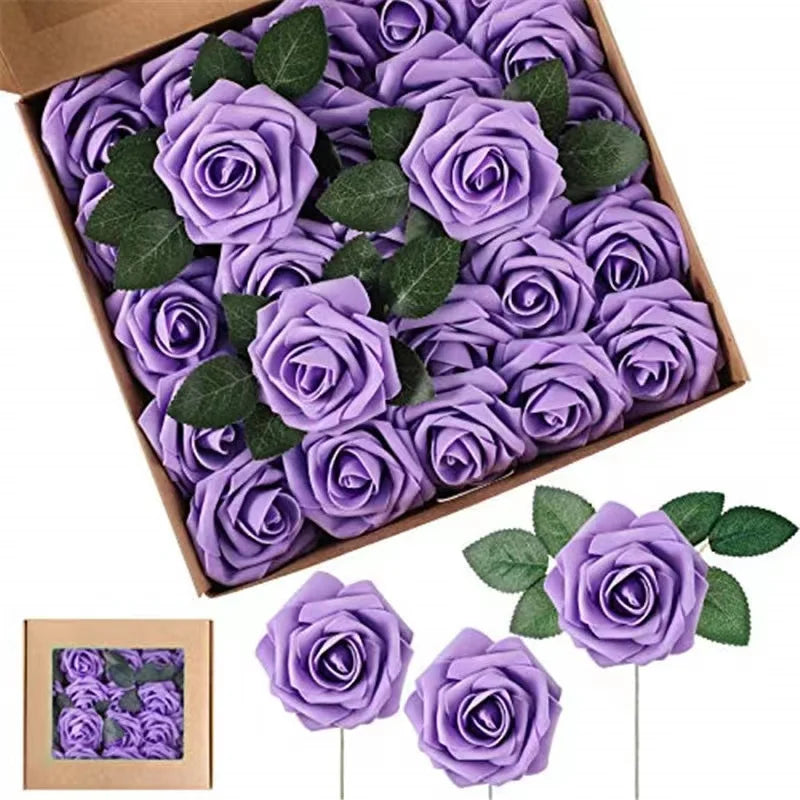 A box filled with purple artificial foam roses and several loose purple roses on green leaves.