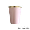 A set of 8 pink paper cups with gold rims shown against a white background.