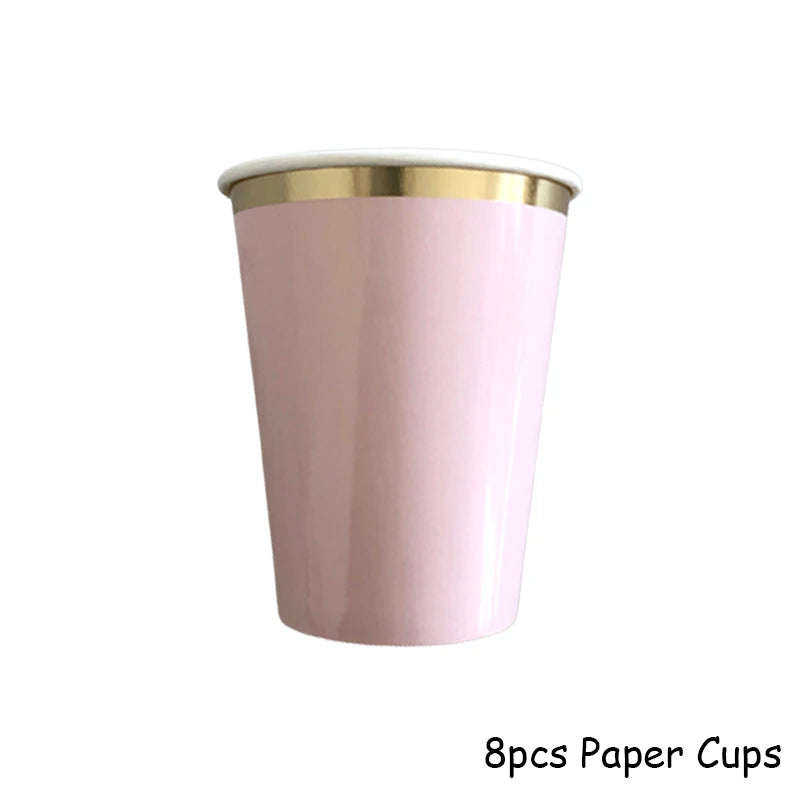 A set of 8 pink paper cups with gold rims shown against a white background.