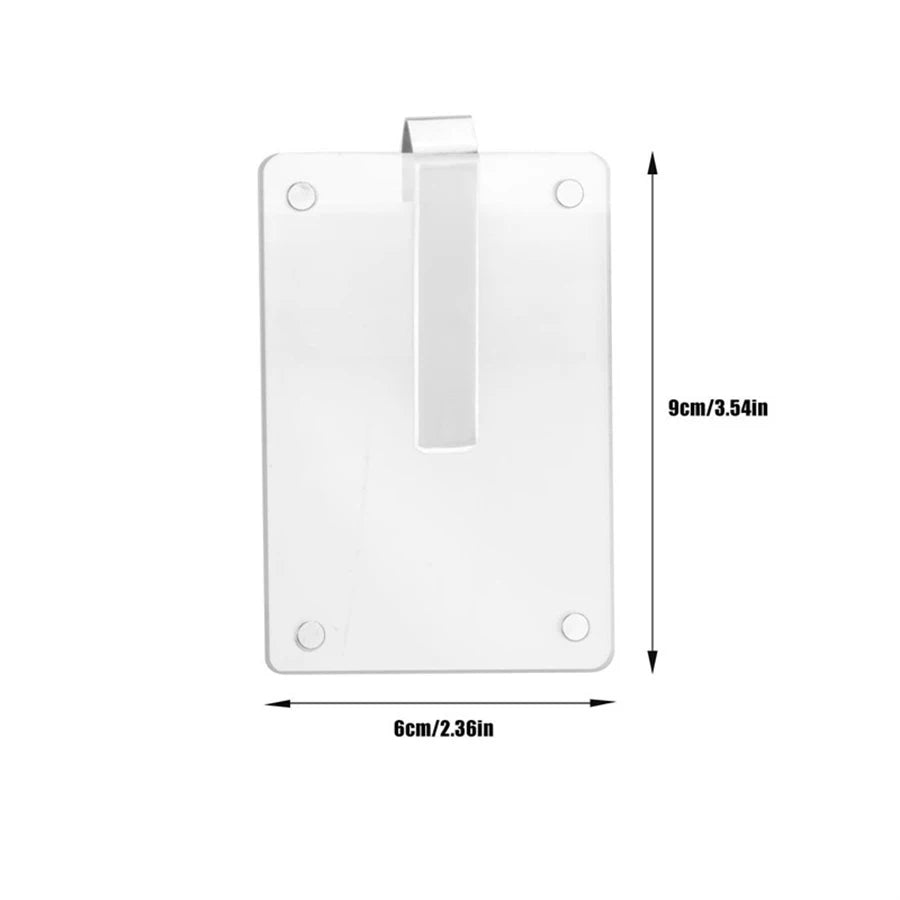 Clear acrylic visor clip decoration with a mounting tab and dimensions 9cm/3.54in by 6cm/2.36in