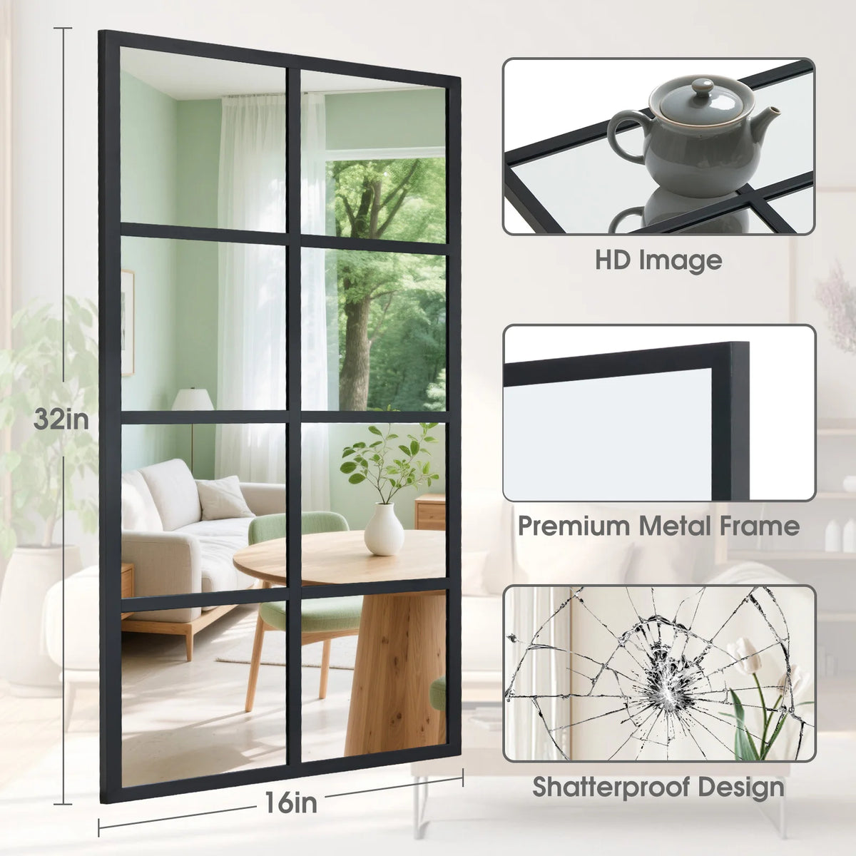 A tall, rectangular black framed window mirror with multiple panes, showcasing a shatterproof design.