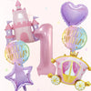 A set of seven pink balloons including a number one balloon, a castle balloon, and a star balloon for a birthday party.
