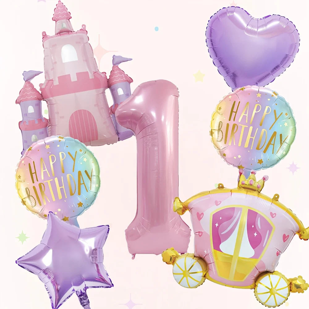A set of seven pink balloons including a number one balloon, a castle balloon, and a star balloon for a birthday party.