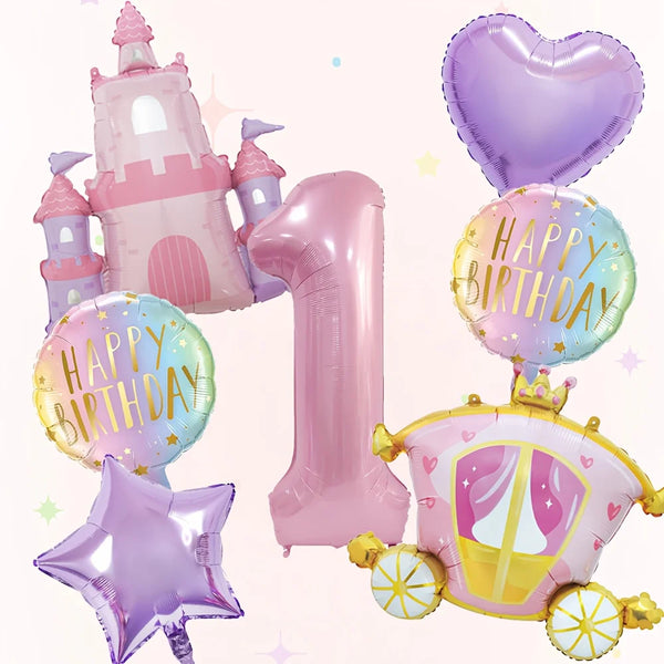 Un juego de siete globos rosas, incluyendo un globo número uno, un castillo y una estrella, para una fiesta de cumpleaños.