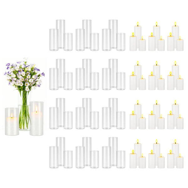 A collection of clear glass cylinder vases and pillar candles for home decor and weddings.