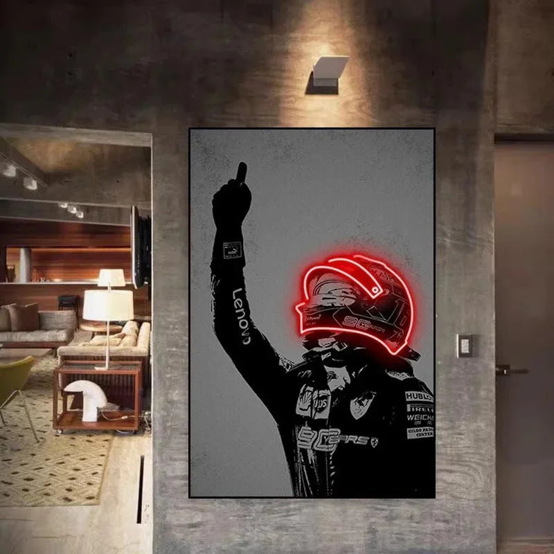 A canvas wall art print depicting a person with a raised fist wearing a motorcycle helmet illuminated by neon red light.