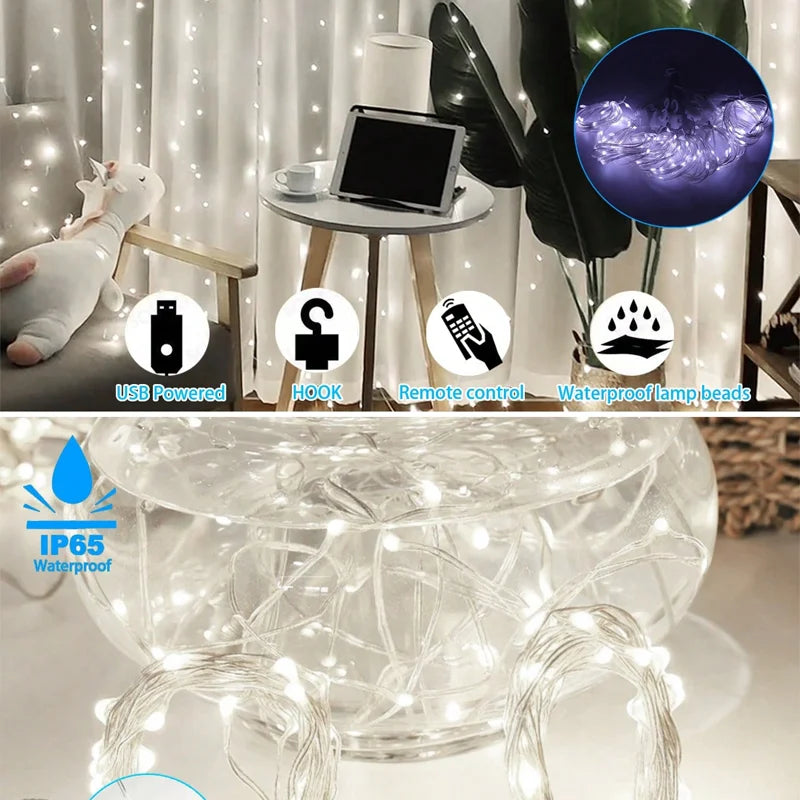 USB LED Curtain Lights with Remote – 8 Lighting Modes for Weddings & Home Decor