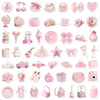 A collection of cute pink graffiti stickers and accessories including heart shapes, stars, and charms.