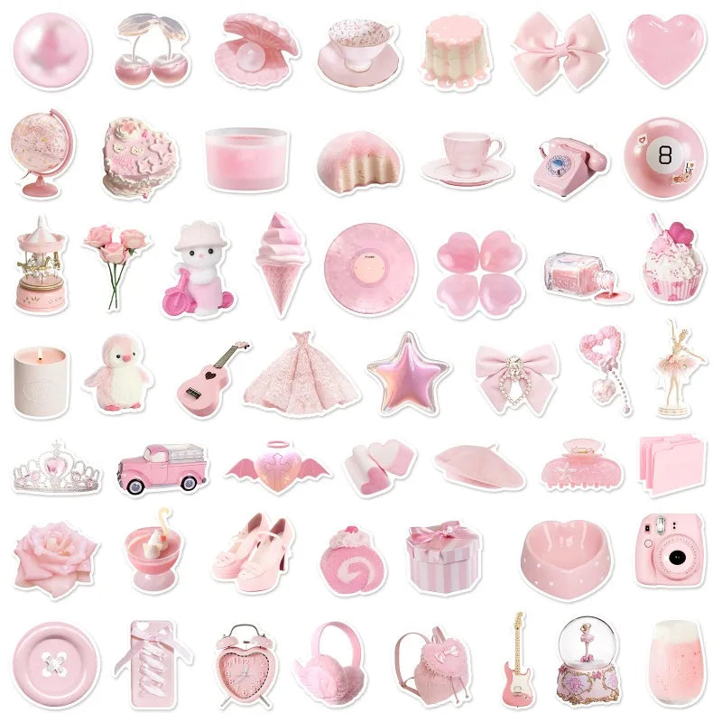 A collection of cute pink graffiti stickers and accessories including heart shapes, stars, and charms.