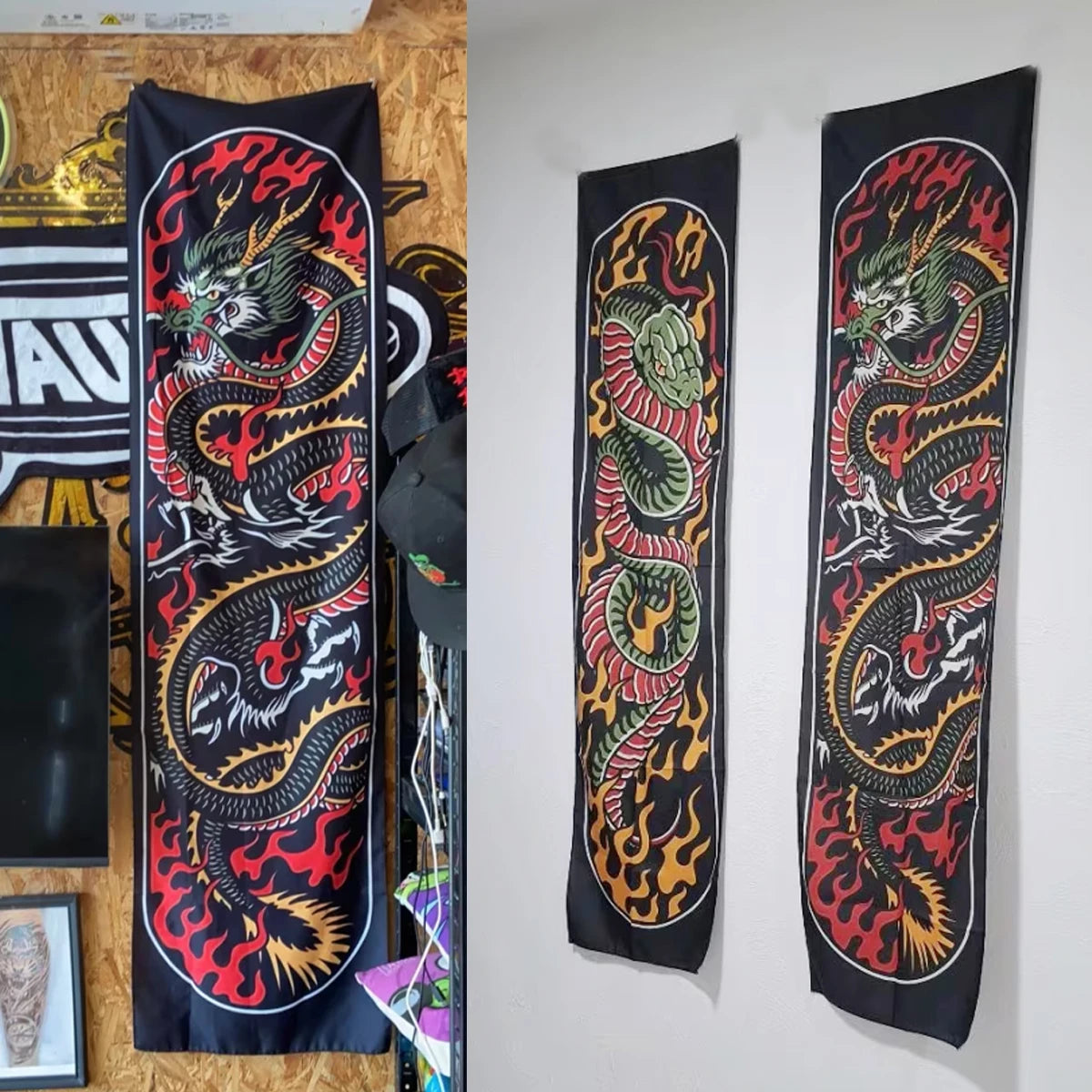 Black flame serpent vertical tapestry wall hanging featuring vibrant red and orange accents