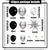 A package of 130 pieces including various black and silver balloons, including latex balloons and star-shaped decorations.