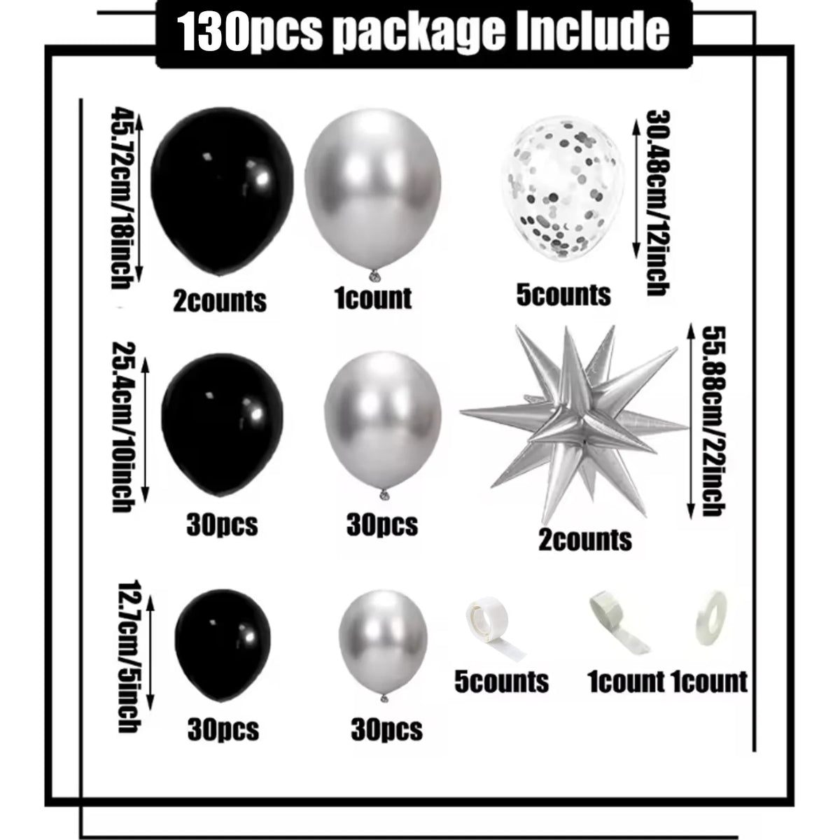 A package of 130 pieces including various black and silver balloons, including latex balloons and star-shaped decorations.