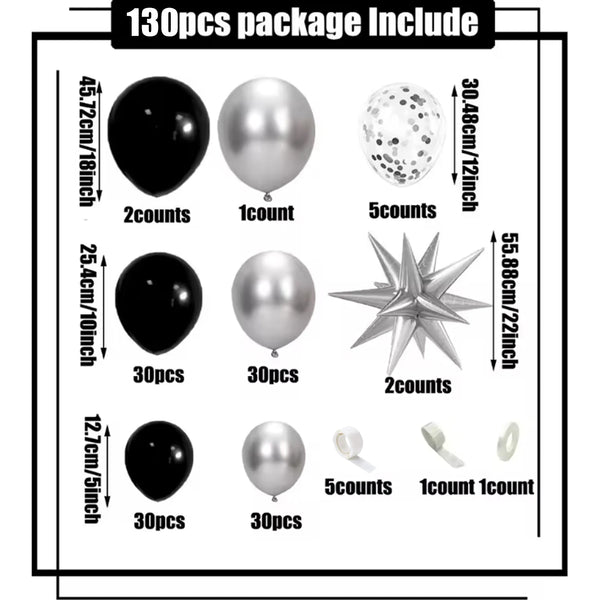 A package of 130 pieces including various black and silver balloons, including latex balloons and star-shaped decorations.