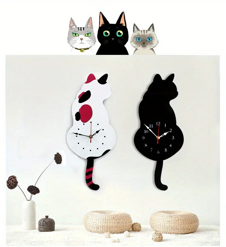 A whimsical black cat pendulum wall clock featuring a moving tail, displayed above several stylized cat figures.