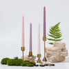 A display of gradient color long taper candles in pink and purple set against natural wood and greenery.