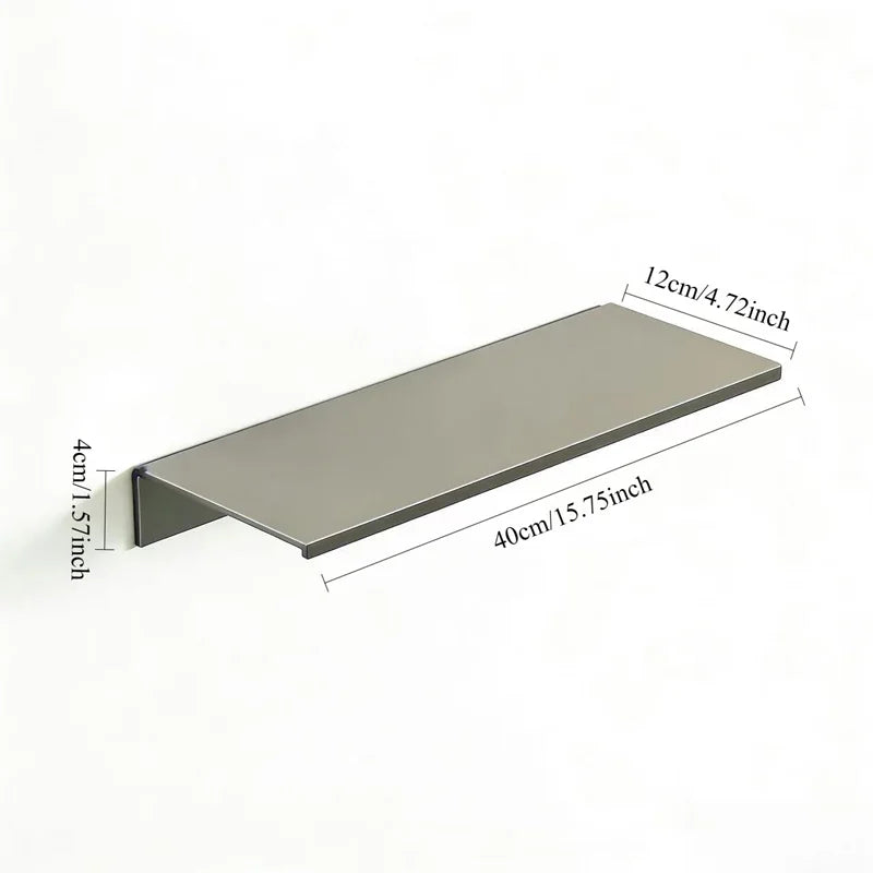 A rectangular aluminum floating wall shelf measuring 40cm long by 12cm deep, shown in a silver finish.