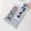 A vertical transparent photo card organizer displaying several photos of a person in various poses.