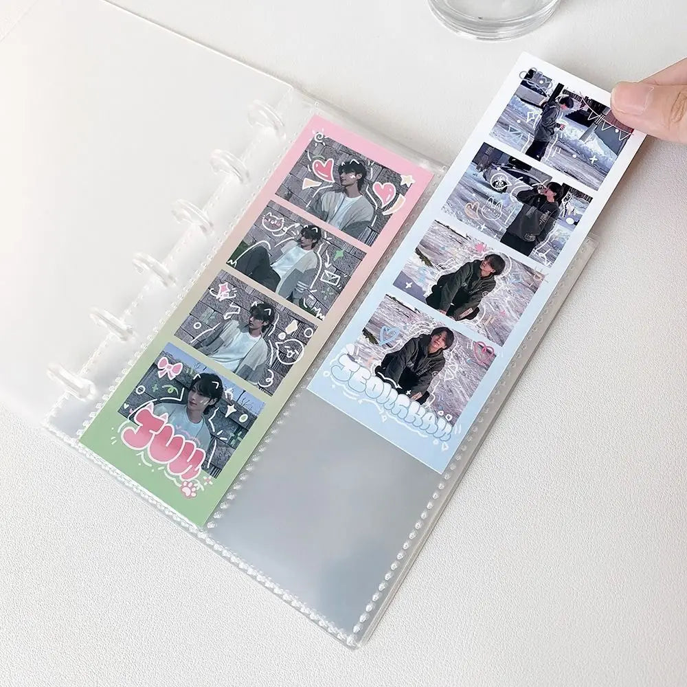 A vertical transparent holder for photocards featuring various photos of a person.