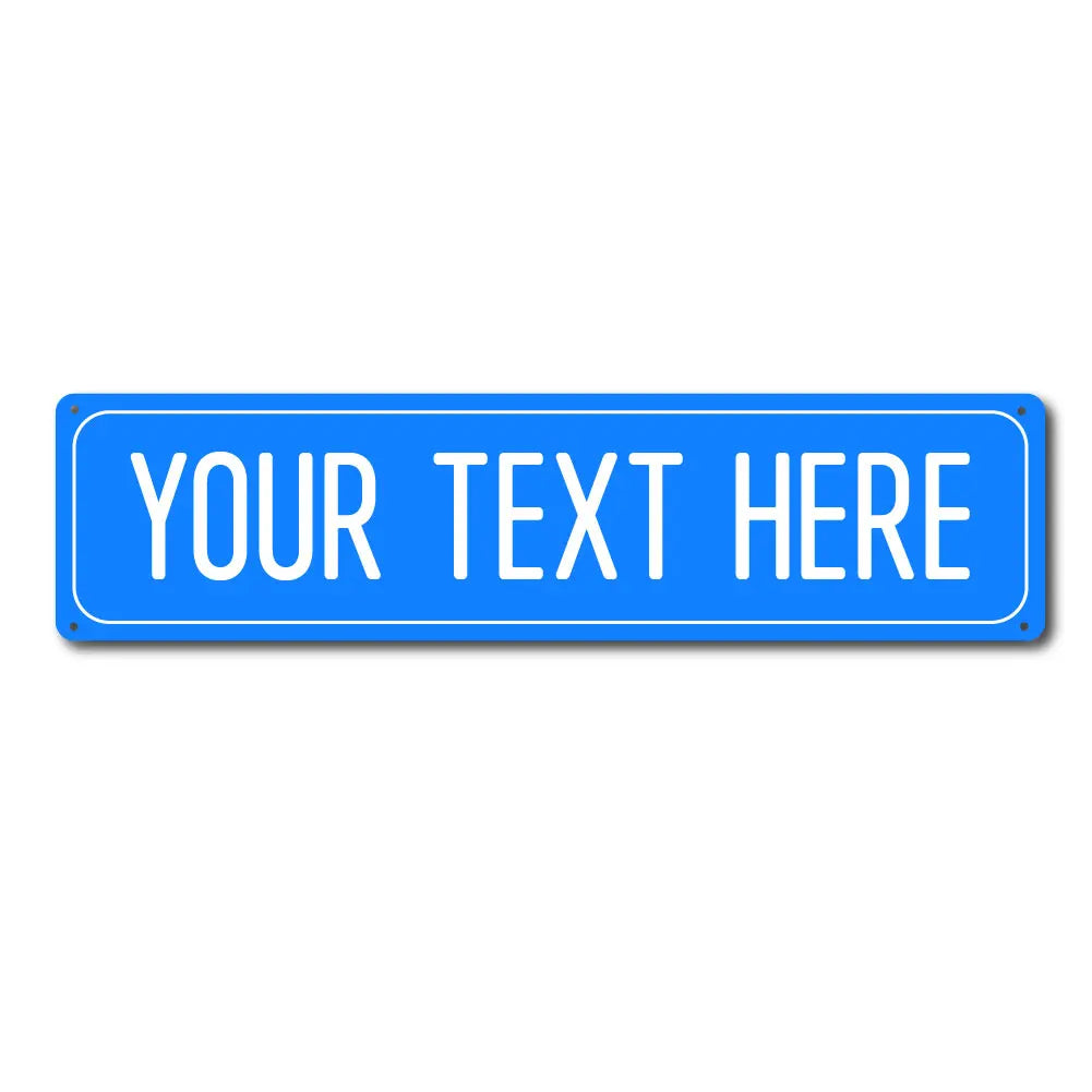 A rectangular blue street sign with the text YOUR TEXT HERE in white capital letters.