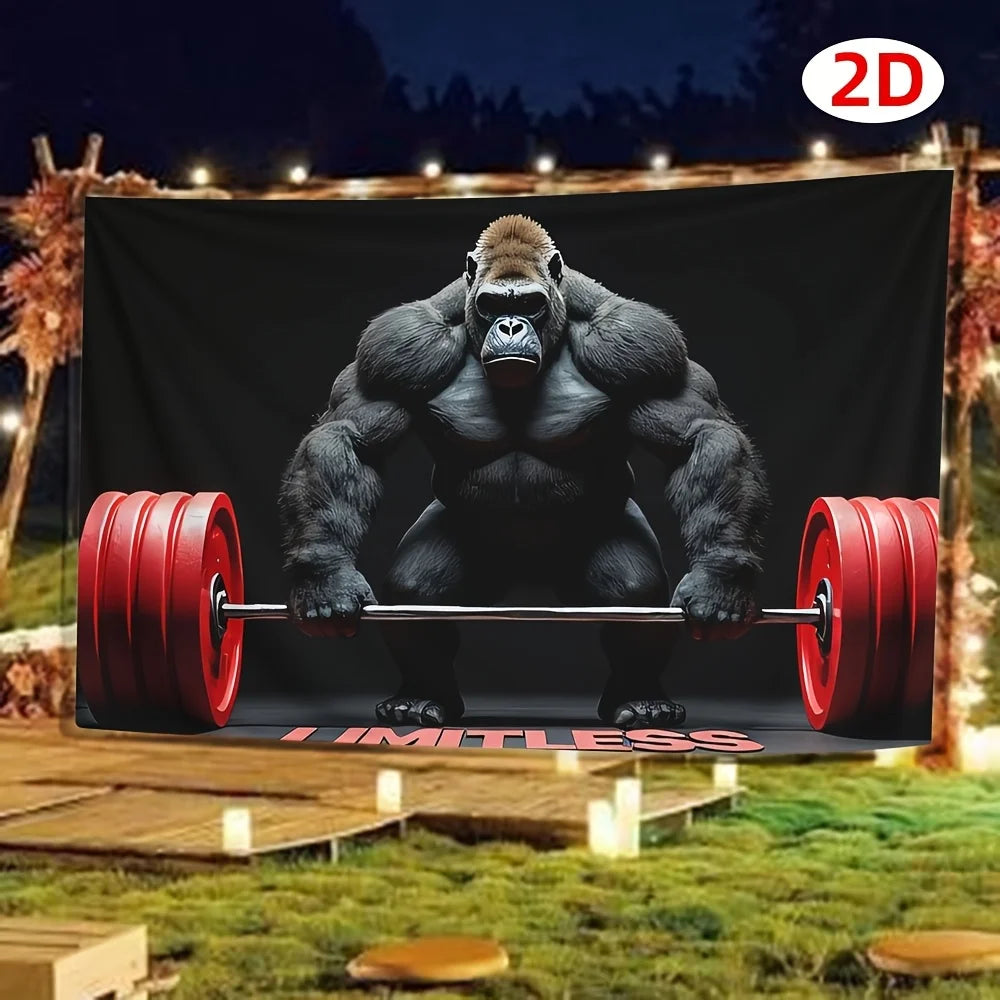 A muscular gorilla lifting a barbell against a dark backdrop for a weightlifting banner.