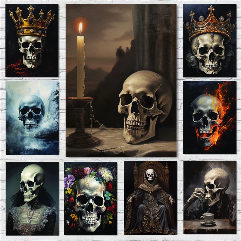 A collection of dark gothic skull portraits featuring various styles and textures.
