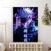 Anime wall poster featuring Gojo Satoru with blue hair and purple energy against a dark background