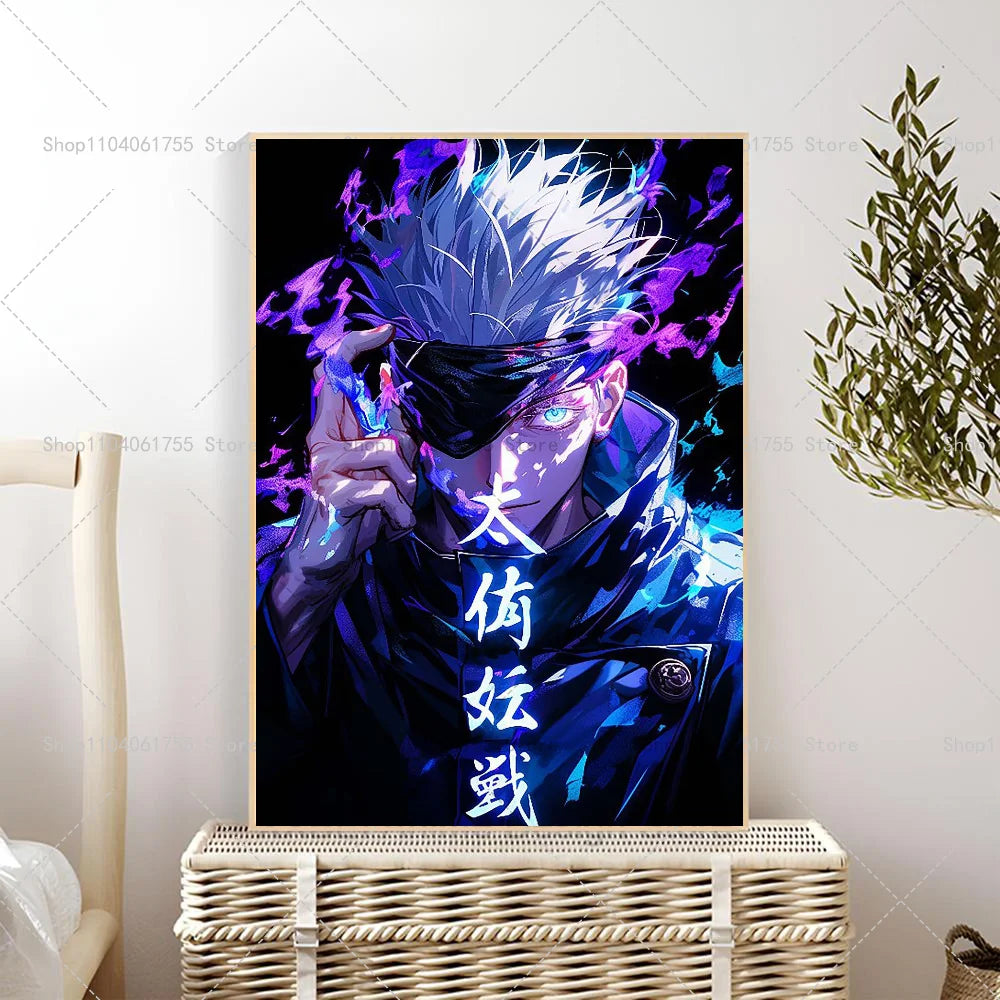Anime wall poster featuring Gojo Satoru with blue hair and purple energy against a dark background