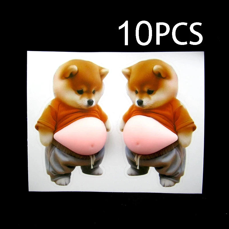 Ten pieces of orange-furred Shiba Inu squishy stickers with puffy bellies.
