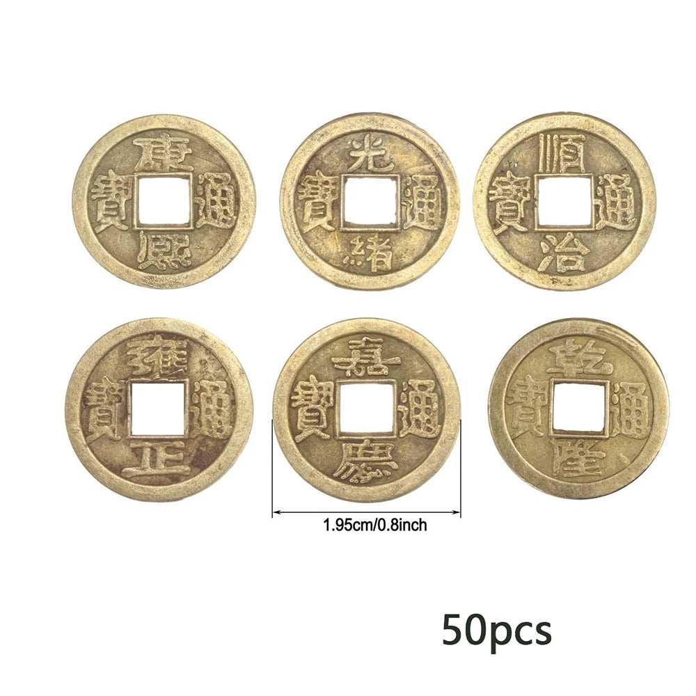 A set of 50 antique Chinese Feng Shui coins for wealth and good fortune, round brass-colored coins.