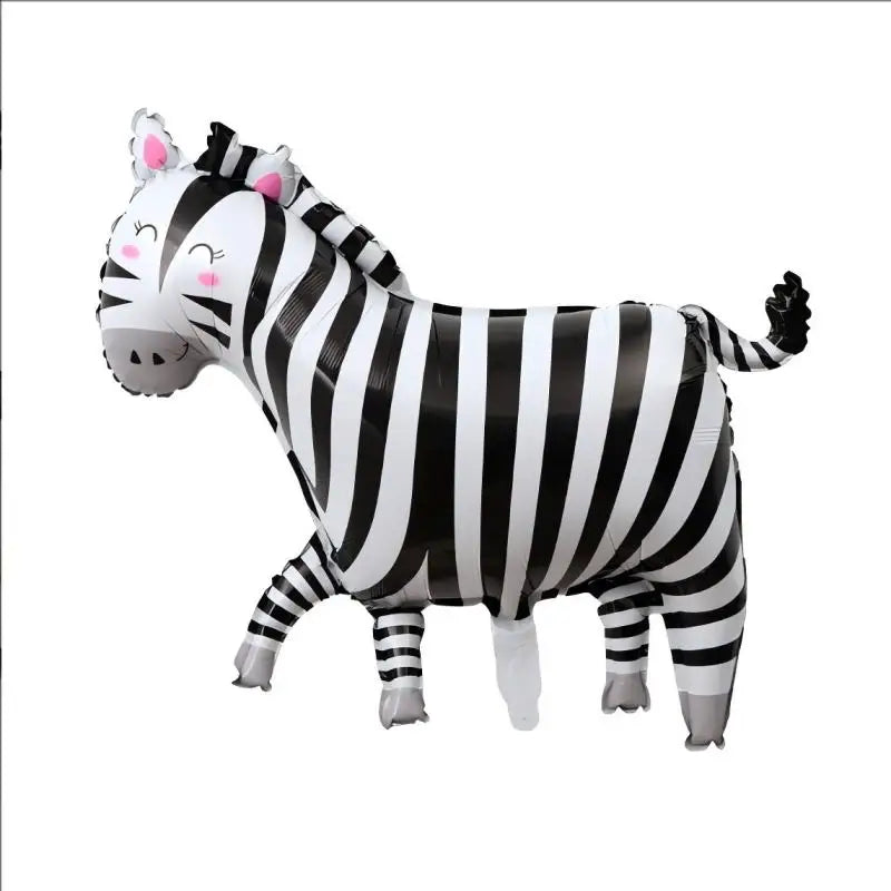 A plush toy of a zebra with black and white stripes is shown.