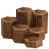 A stack of dark brown wooden hexagonal display racks for jewelry and accessories.