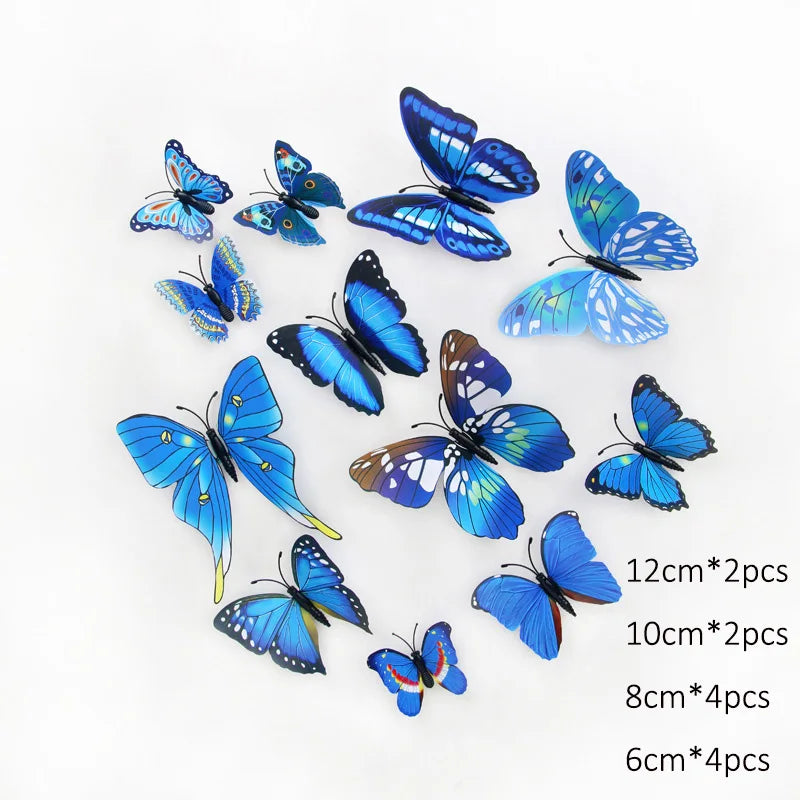 A collection of twelve blue and black butterfly wall stickers in various sizes and colors.