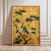 A vertical canvas print featuring a Japanese crane in flight against a golden, textured background.