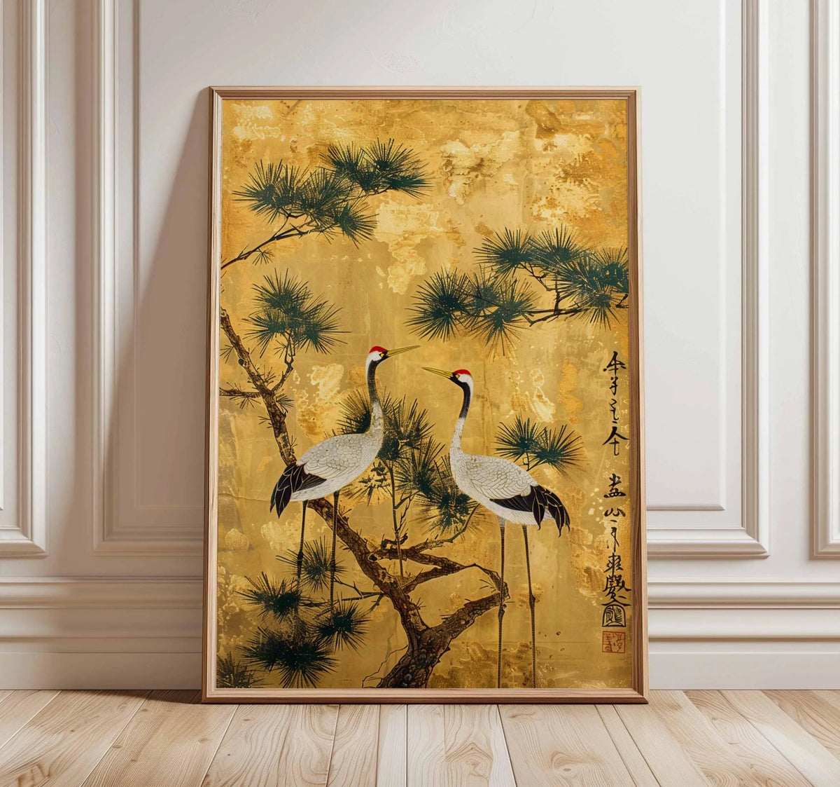 A vertical canvas print featuring a Japanese crane in flight against a golden, textured background.