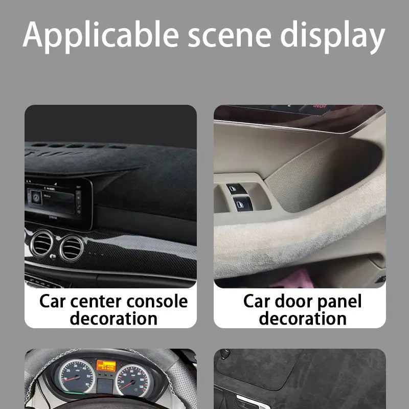 Examples of self-adhesive suede wrap fabric decoration on a car center console and door panel.
