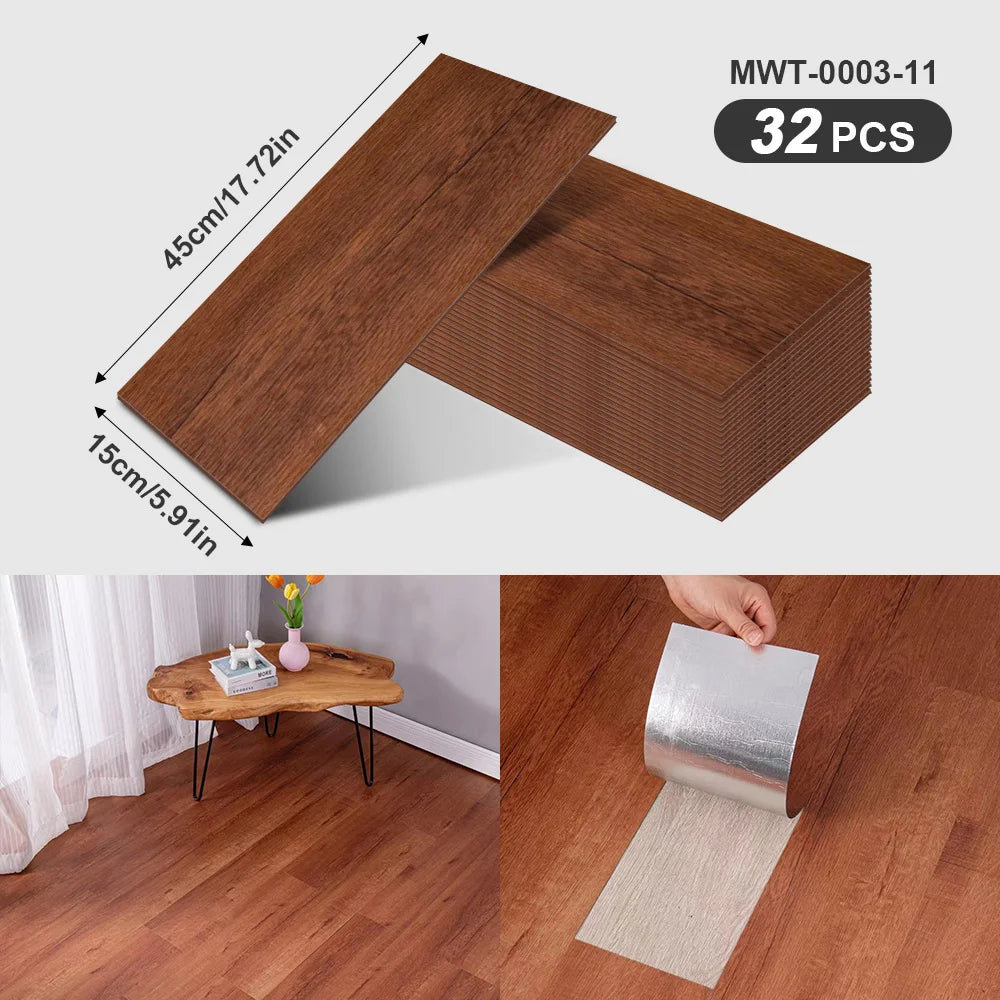 A brown wood grain peel-and-stick floor and wall sticker, measuring 45cm x 17.72in, shown next to a hand for scale.