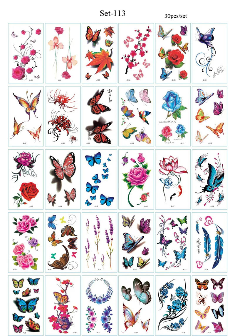 A collection of 30 pieces of waterproof temporary body art stickers featuring various butterflies, flowers, and insects.