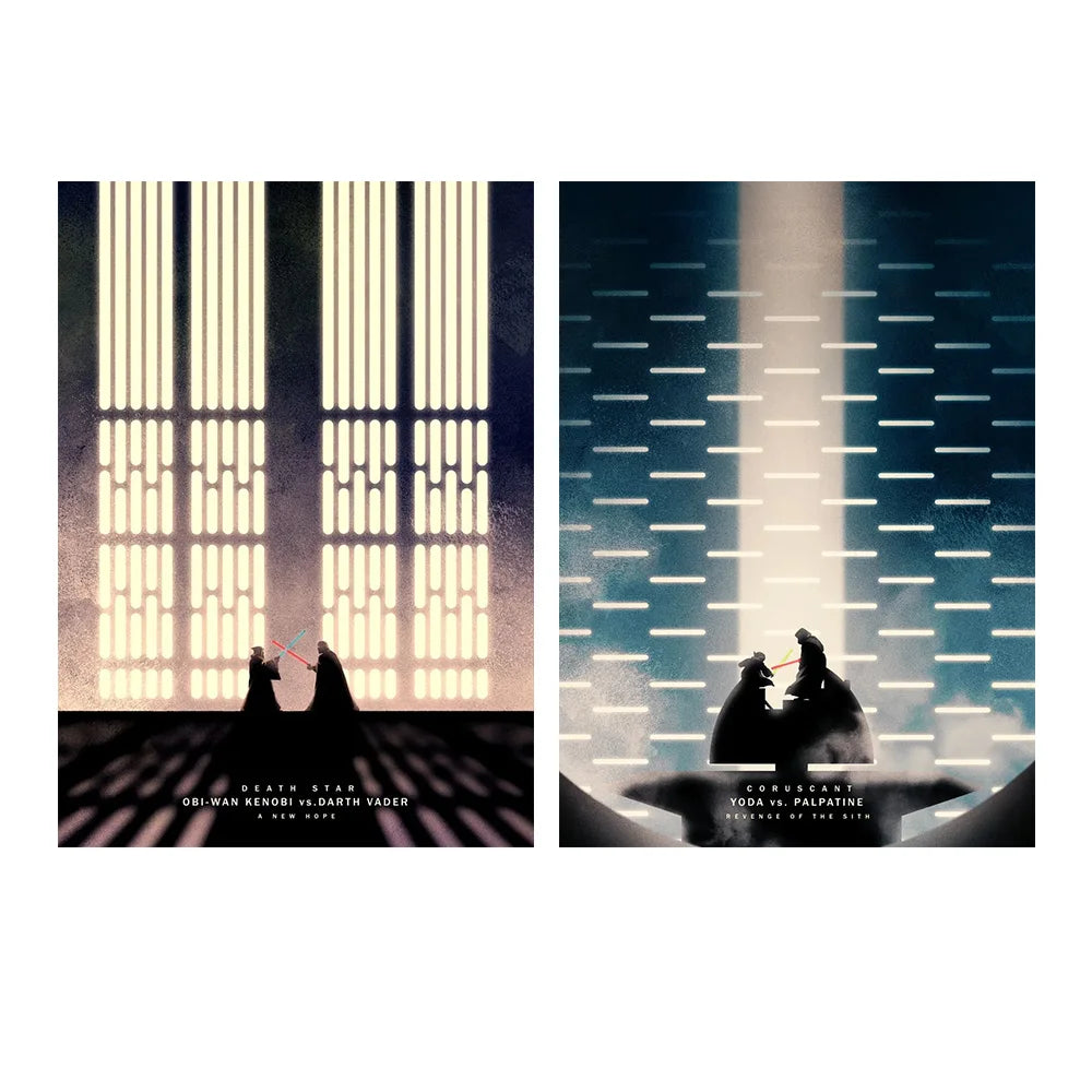 Two panels of wall art featuring a duel between Obi-Wan Kenobi and Darth Vader, and Yoda vs. Palpatine.