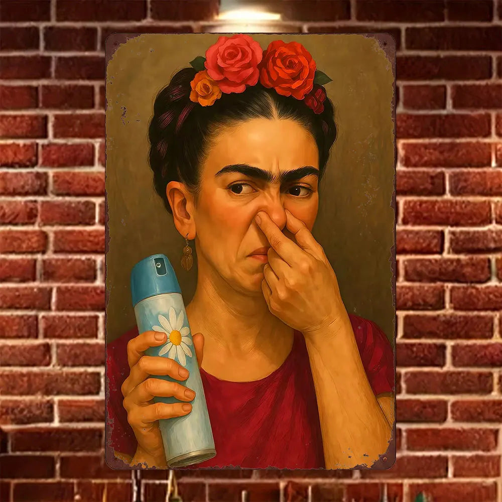 A portrait painting of a woman with red roses in her hair touching her nose, set against a brick wall.