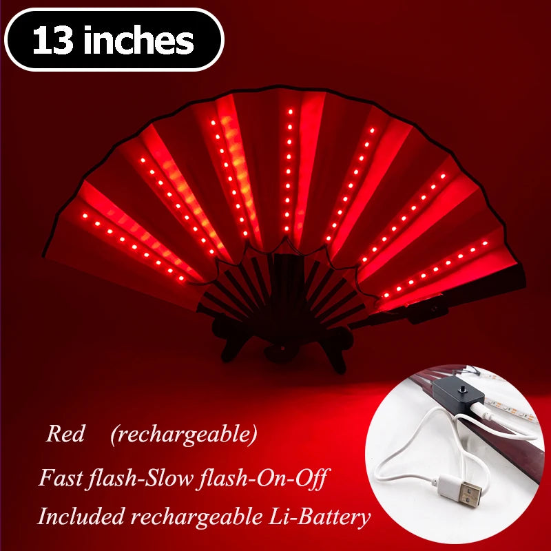A red multi-mode LED party fan with 13 inches of spread, featuring flash and on-off modes.