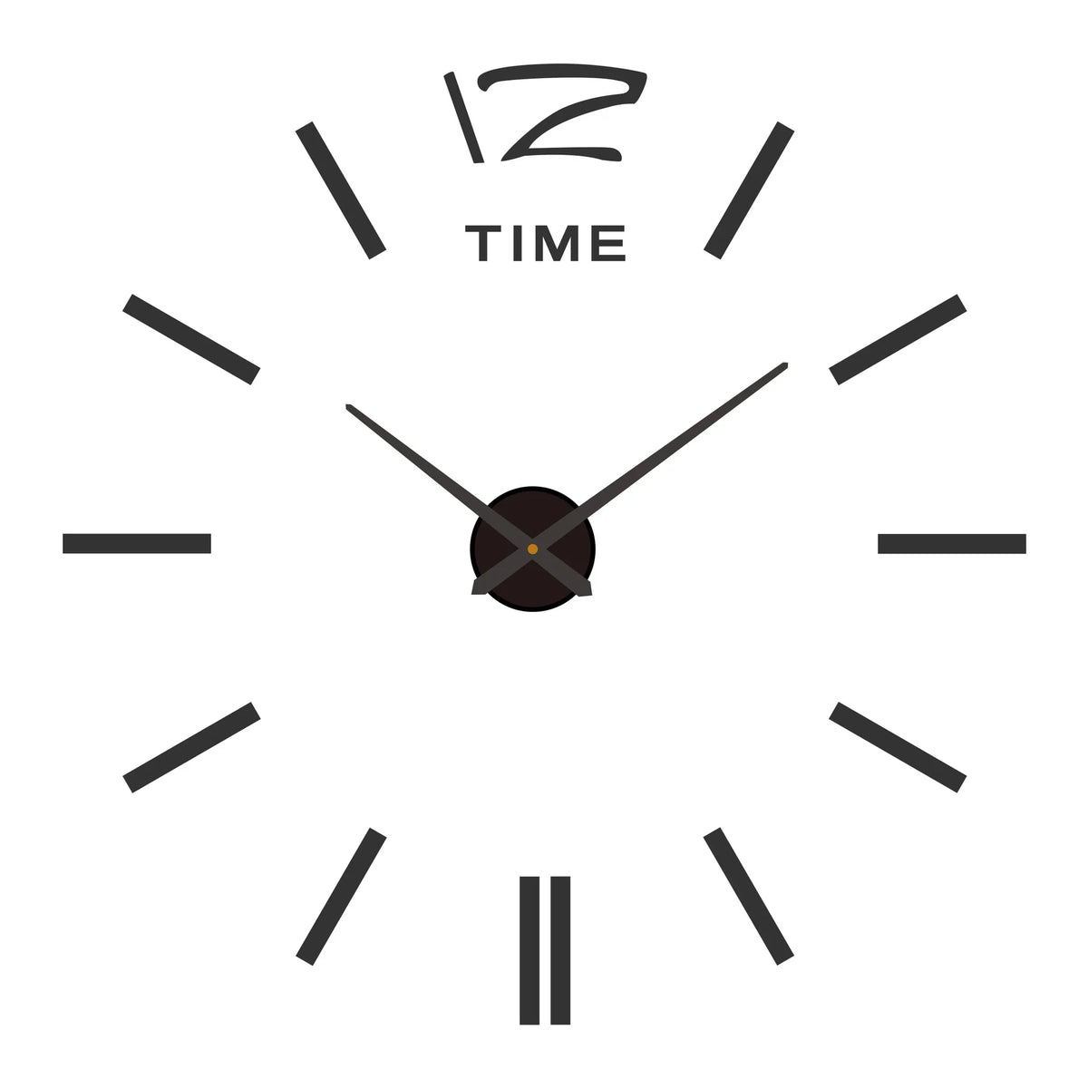 A black and white analog clock face showing the time, with a modern 3D acrylic wall clock in the context.