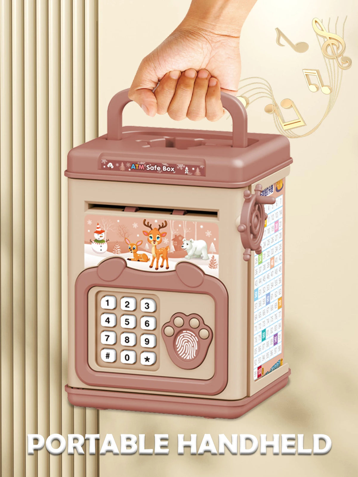 A portable handheld electronic ATM piggy bank with a pink casing and keypad is being held by a hand.