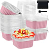 A set of reusable pink and white aluminum foil baking cups with lids and spoons.