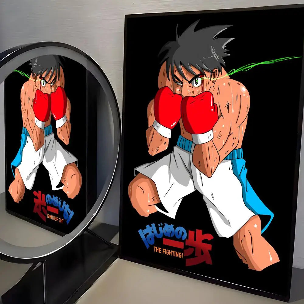 A canvas poster featuring an illustration of a boxer with spiky black hair wearing red gloves and white shorts.