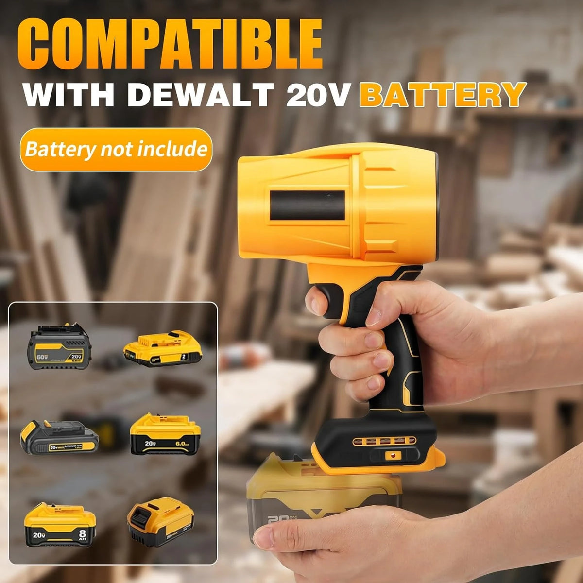A hand holds an orange cordless air blower tool, compatible with a Dewalt 20V battery.