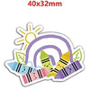A sticker featuring a yellow sun, a purple rainbow, and several colorful pencils on a white background.